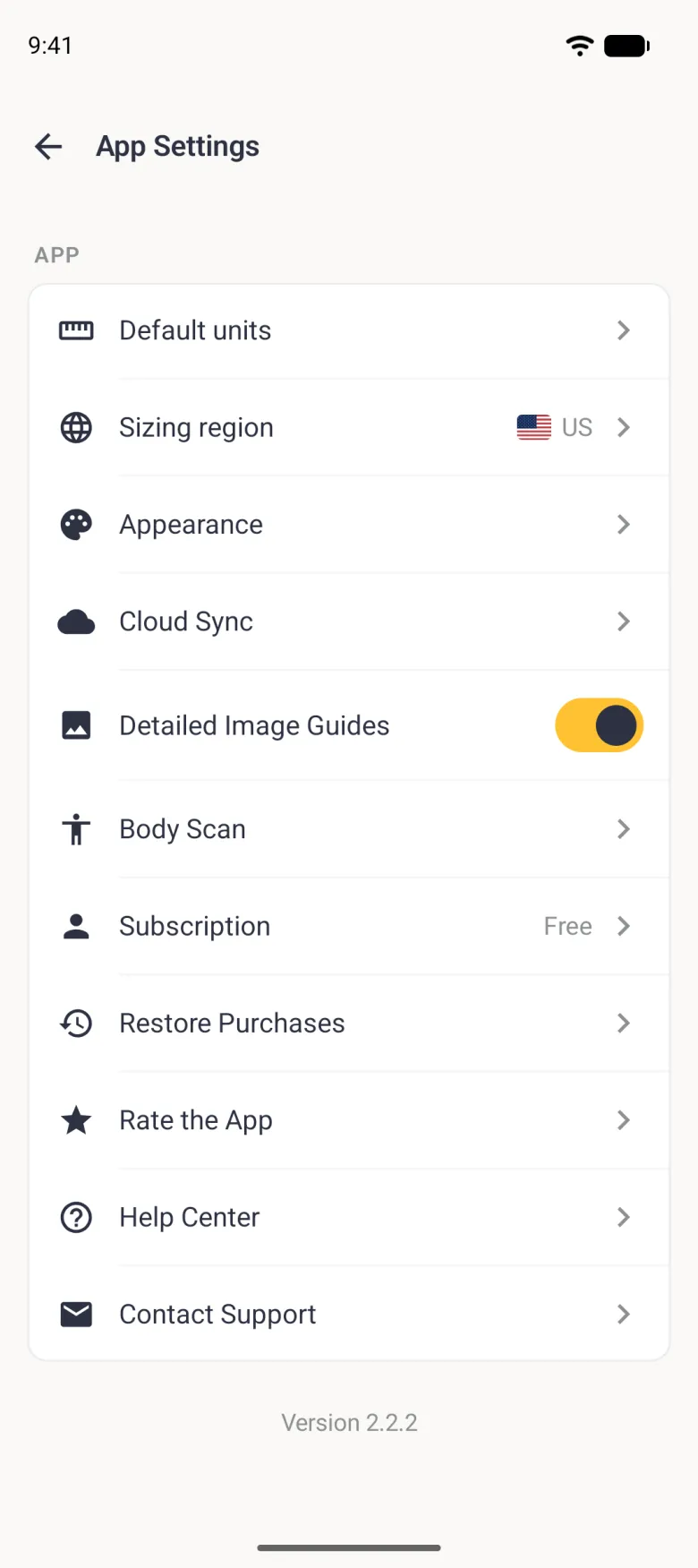 App Settings with a back arrow and an APP card listing Default units with no value, Sizing region with a US flag and US, Appearance, Cloud Sync, Detailed Image Guides with a gold switch on, Body Scan, Subscription Free, Restore Purchases, Rate the App, Help Center and Contact Support, each with a plain dark icon, above Version 2.2.2.