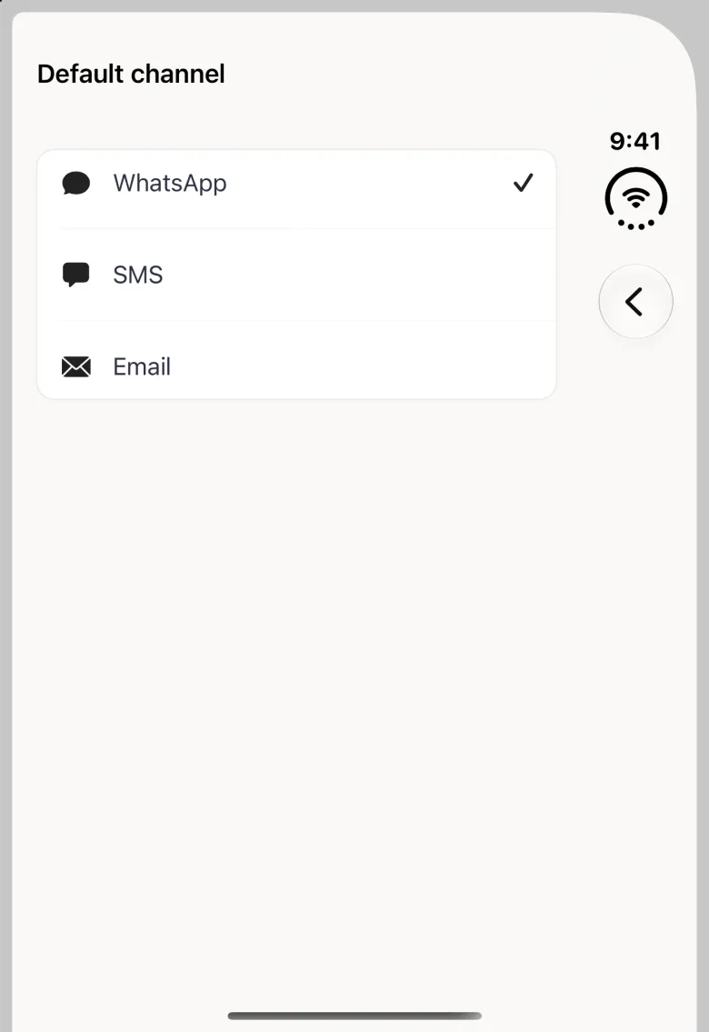 Default channel page on the closed Duo with the title at the top left and a back button in the vertical bar strip on the right, and a white card listing WhatsApp with a tick, SMS and Email, each with its icon.