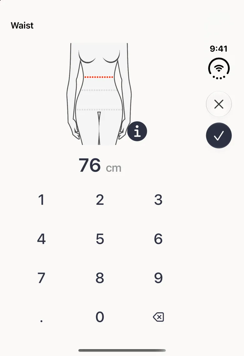 Waist entry screen on the closed Duo showing a simple grey line drawing of a torso with a red dotted line across the waist and grey dotted lines at the other levels, with the round information button at its bottom right, and the value 76 cm above the number pad; the close button and navy checkmark sit in the vertical bar strip on the right.