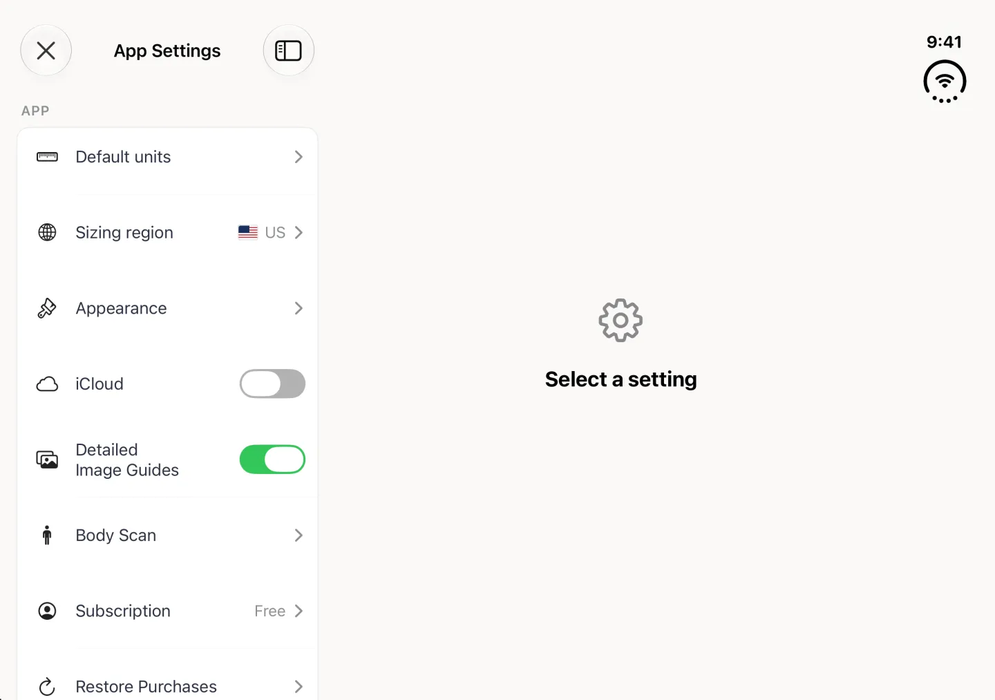 App Settings in landscape as a split view: on the left a close button, the title App Settings and an APP card listing Default units, Sizing region with a US flag and US, Appearance, an iCloud switch turned off, Detailed Image Guides switched on, Body Scan, Subscription Free and Restore Purchases; on the right a gear icon and Select a setting until a row is chosen.