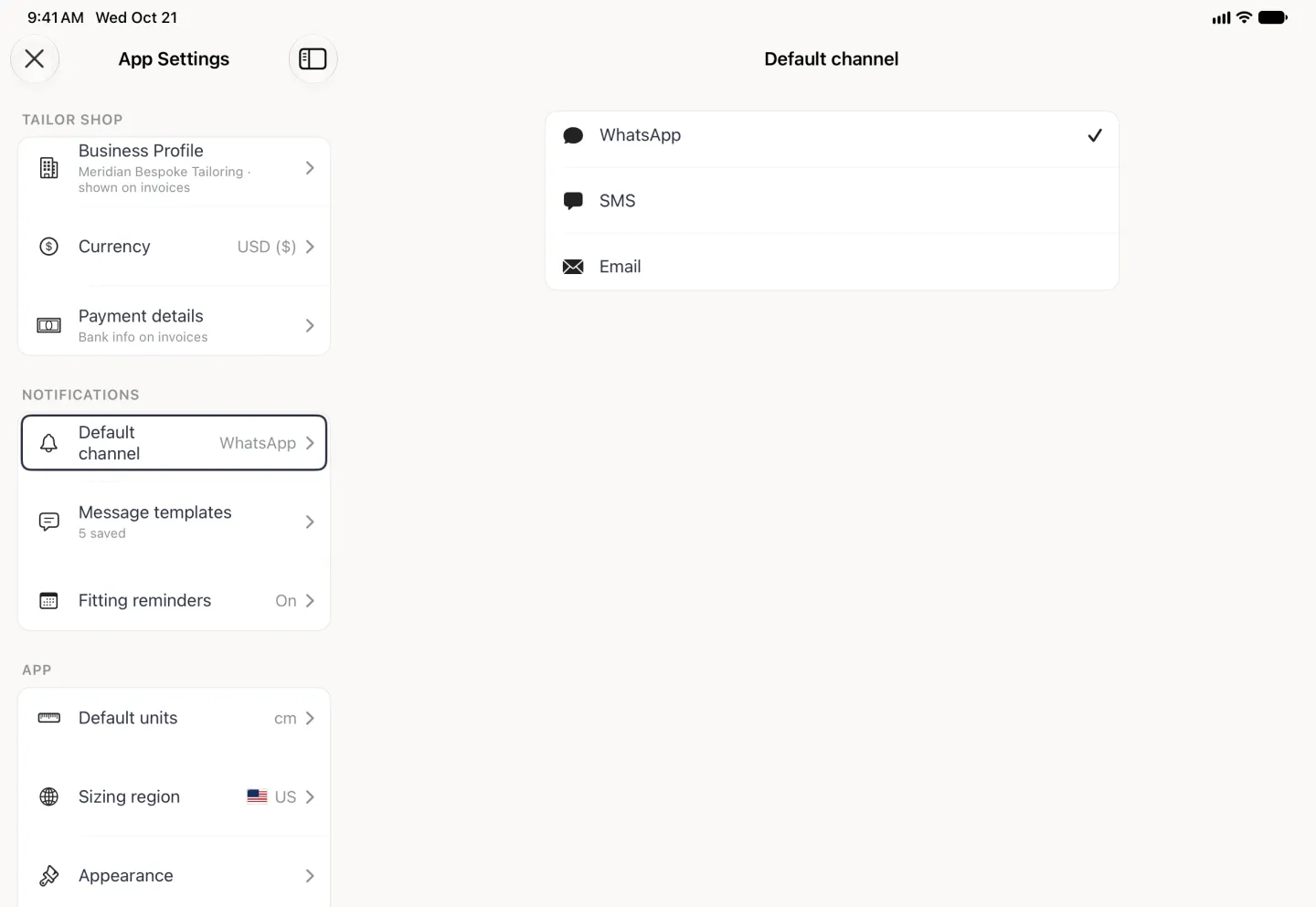 App Settings split view in landscape with Default channel (WhatsApp) outlined on the left and the Default channel page on the right: a white card listing WhatsApp with a tick, SMS and Email, each with its icon.