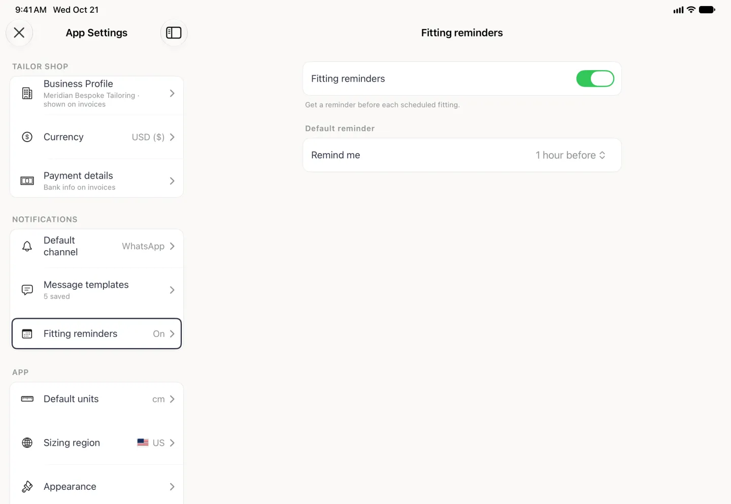 App Settings split view in landscape with Fitting reminders (On) outlined on the left and the Fitting reminders page on the right: the Fitting reminders switch on in green with the note Get a reminder before each scheduled fitting, and Remind me set to 1 hour before under Default reminder.