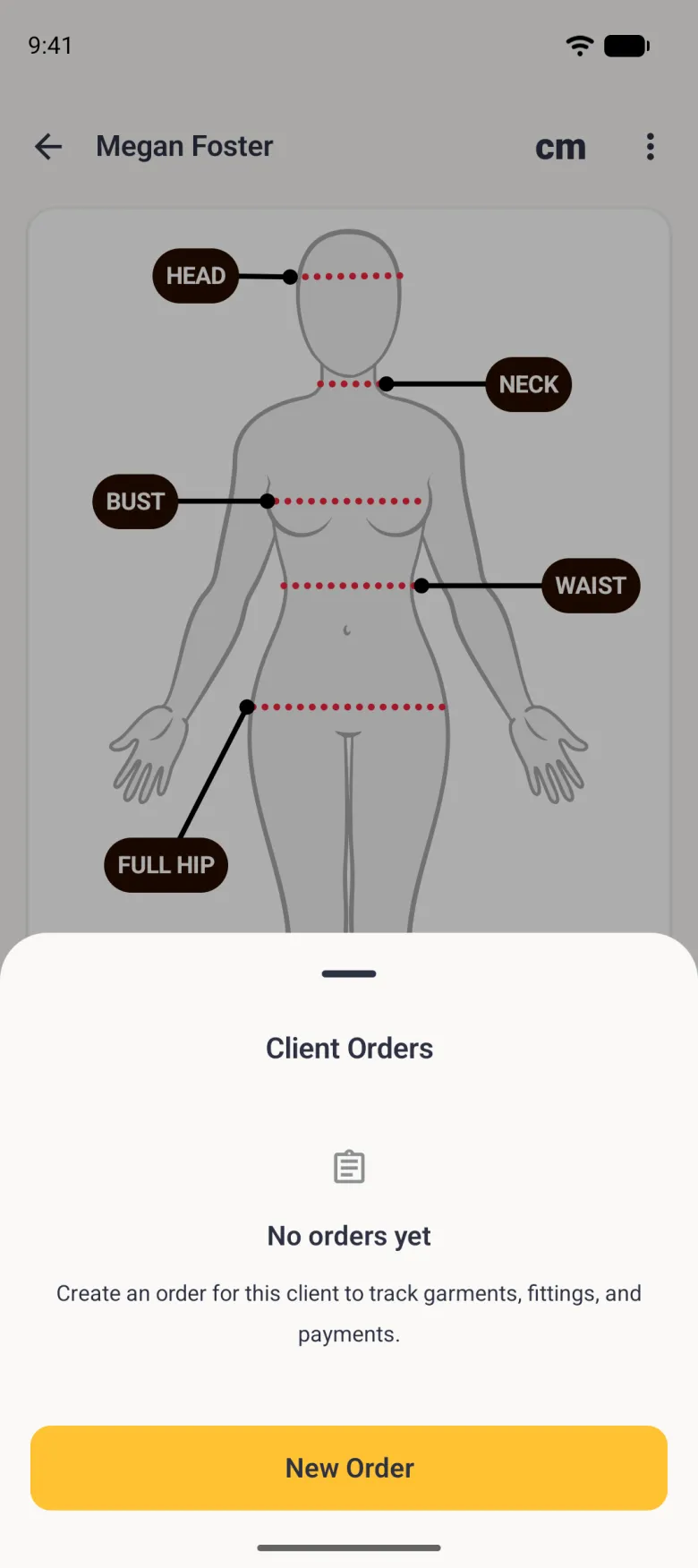Megan Foster's body view dimmed behind a bottom sheet titled Client Orders, with a clipboard icon, the words No orders yet, a line inviting you to create an order to track garments, fittings and payments, and a gold New Order button along the bottom.