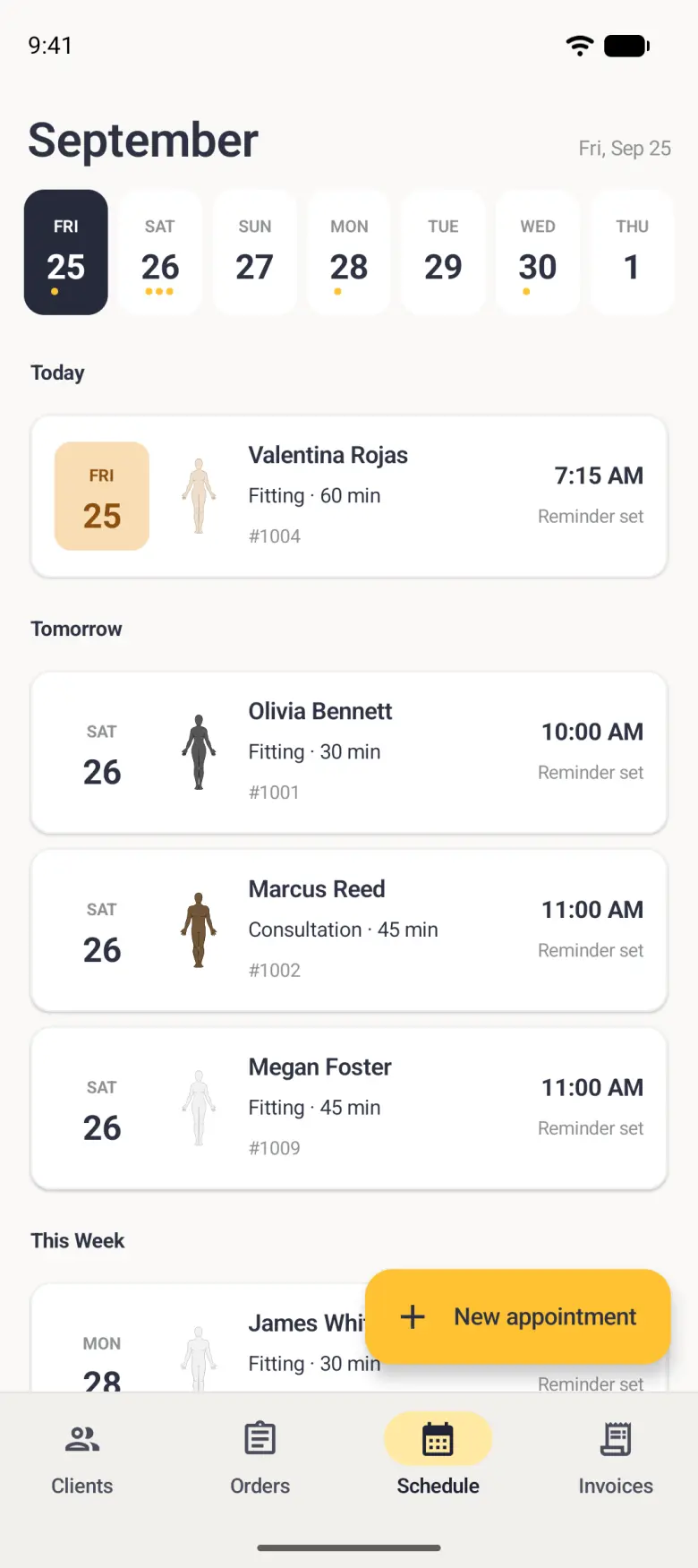 Schedule tab headed September with a seven-day strip from Fri 25 to Thu 1, Valentina Rojas's fitting under Today, and under Tomorrow three cards with Reminder set: Olivia Bennett, Fitting 30 min for order 1001 at 10:00 AM, Marcus Reed, Consultation 45 min for order 1002 at 11:00 AM, and Megan Foster, Fitting 45 min for order 1009 at 11:00 AM, with This Week below and a gold New appointment button at the bottom right.