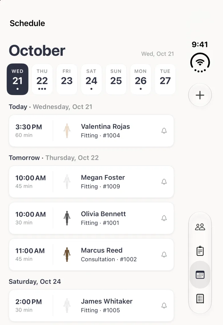 Schedule tab on the closed iPhone Duo with the October heading, a week strip with today, Wednesday 21, highlighted in navy and three dots under Thursday 22, and appointments grouped by day: Valentina Rojas under Today, then Megan Foster at 10:00 AM, 45 min, Fitting, order 1009, first under the heading Tomorrow, Thursday, Oct 22, above Olivia Bennett's 10:00 AM fitting and Marcus Reed's 11:00 AM consultation, each with a bell on the right of the row. The plus button and the four tab buttons (Schedule selected) sit in the vertical bar strip on the right edge.