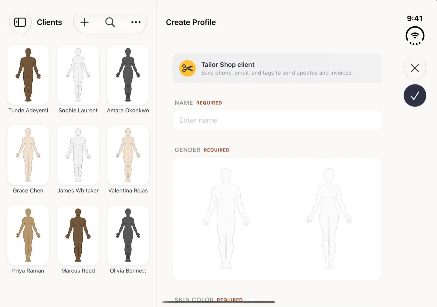 Clients split view in landscape on the open Duo: the client grid stays on the left and a Create Profile form titled Create Profile opens in the narrower column on the right, with a grey Tailor Shop client banner and its gold scissors badge, an empty Name field marked Required, a white card with two body figures for gender and the Skin Color heading at the bottom edge; a round X and a navy round check mark sit in the vertical bar strip on the right edge.