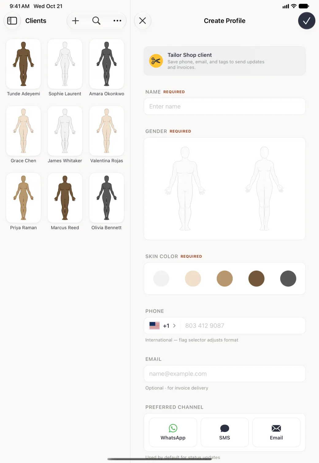 Create Profile form in the right-hand column beside the Clients grid of nine seeded clients, with a round X at the top left and a navy round check mark at the top right, a grey Tailor Shop client banner with a gold scissors badge, an empty Name field marked Required, a white card with two body figures for gender and a white card with five skin tone circles, both marked Required, a phone field with a United States flag and plus one, an Email field noted Optional for invoice delivery, and three Preferred channel cards, WhatsApp, SMS and Email.