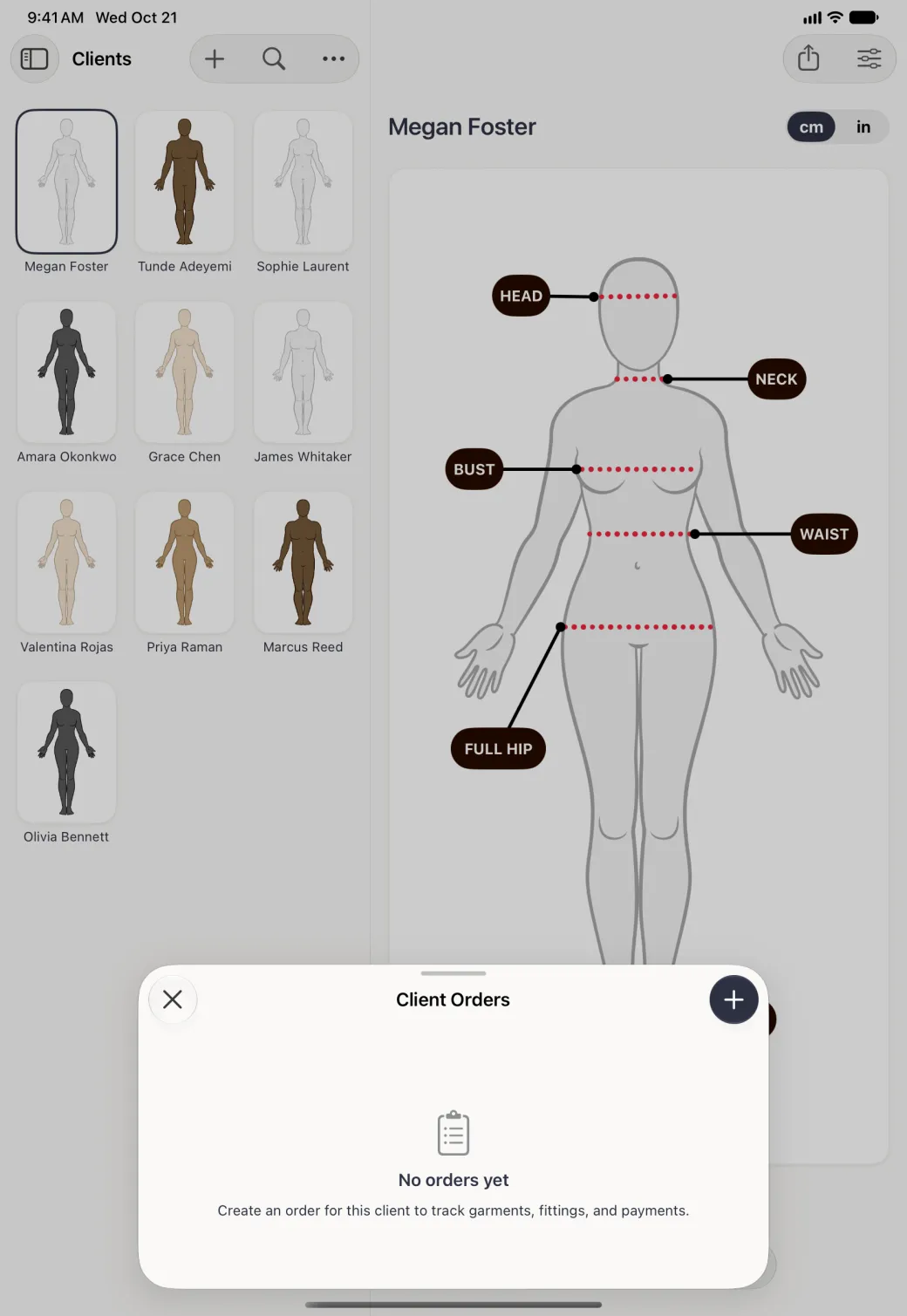 Megan Foster's profile in the right-hand column, with her white-toned card outlined at the front of the Clients grid, dimmed behind a sheet at the foot of the screen titled Client Orders, with a round X at the top left and a navy round plus button at the top right, a clipboard icon, No orders yet, and the line Create an order for this client to track garments, fittings, and payments.