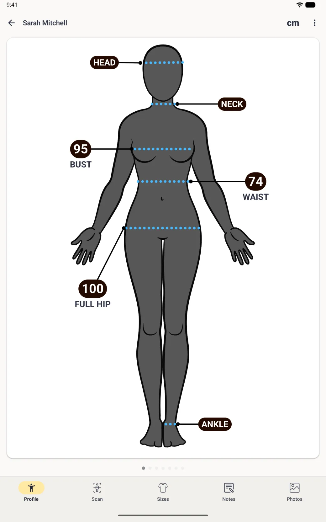 The Sarah Mitchell avatar with the Waist pill now reading 74 beside the unchanged 95 Bust and 100 Full Hip pills.