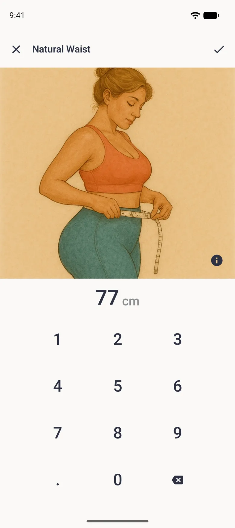 A Natural Waist entry screen with a painted illustration of a woman measuring her waist with a tape, a small navy information button on the illustration, the current value 77 cm below it, and a large number pad with a decimal point and a backspace key.