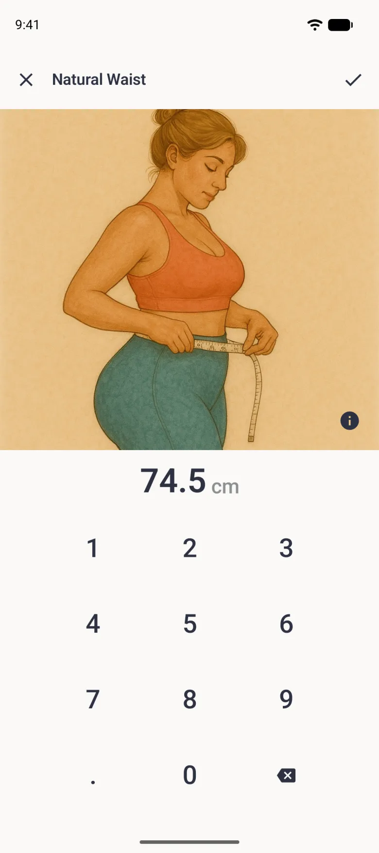 The Natural Waist entry screen with the painted waist illustration and the value 74.5 cm shown above the number pad.