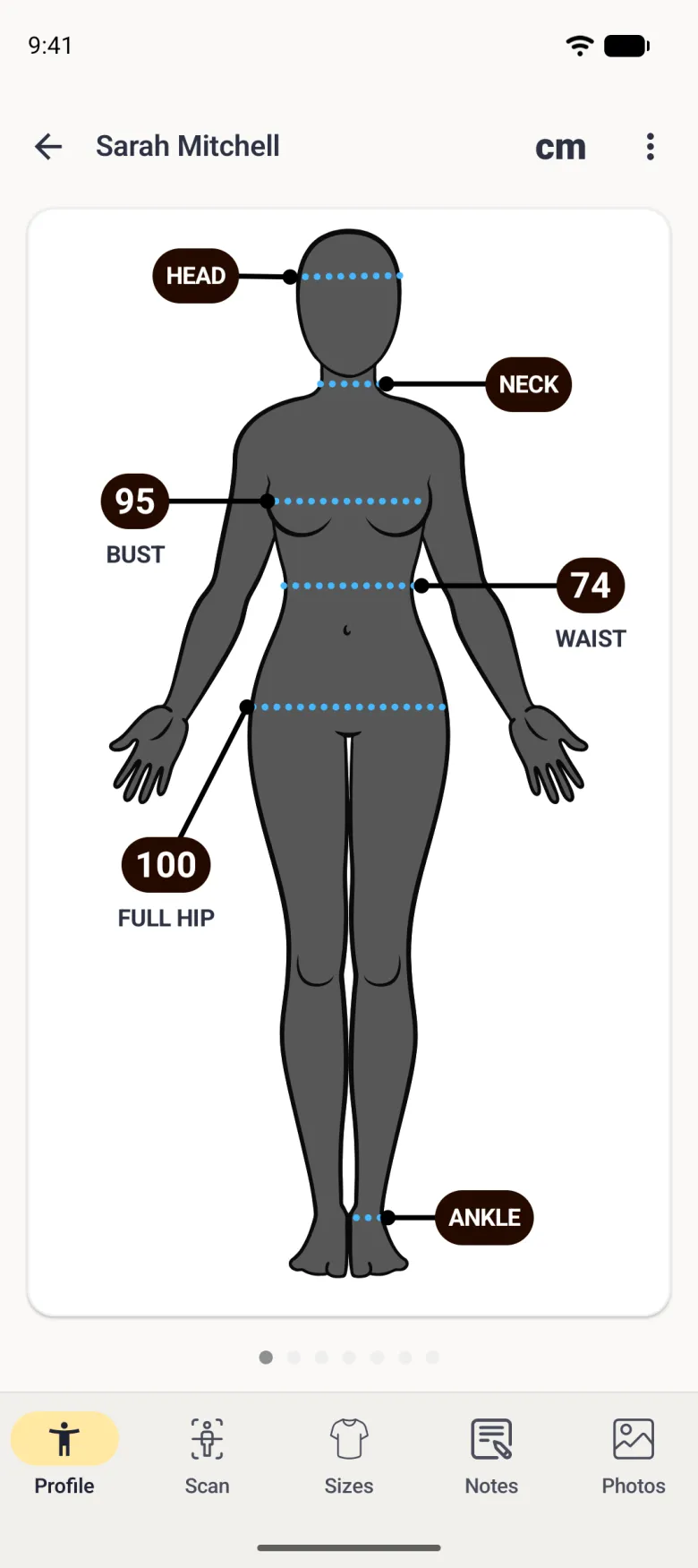 Sarah Mitchell's avatar with the Waist pill now reading 74 and the other labels unchanged: 95 BUST and 100 FULL HIP, with HEAD, NECK and ANKLE unmeasured.