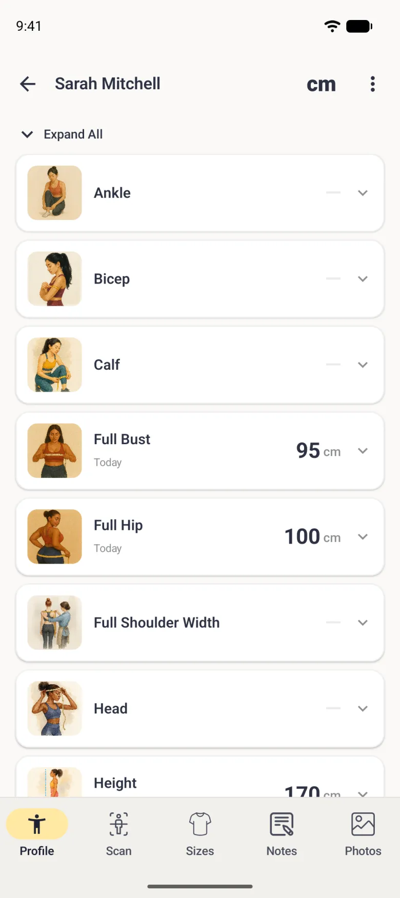 A List View of Sarah Mitchell's measurements under an Expand All control: cards for Ankle, Bicep and Calf with a dash, Full Bust 95 cm and Full Hip 100 cm marked Today, Full Shoulder Width and Head with a dash, and Height 170 cm running under the bottom bar, each with a small painted illustration and a chevron.