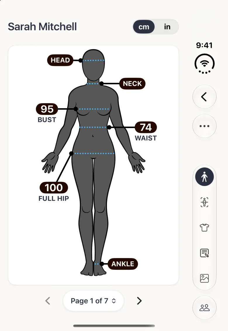 The same client on the closed iPhone Duo's cover screen: Sarah Mitchell's figure with bust 95, waist 74 and full hip 100 cm, the app's bars in a strip down the right edge.