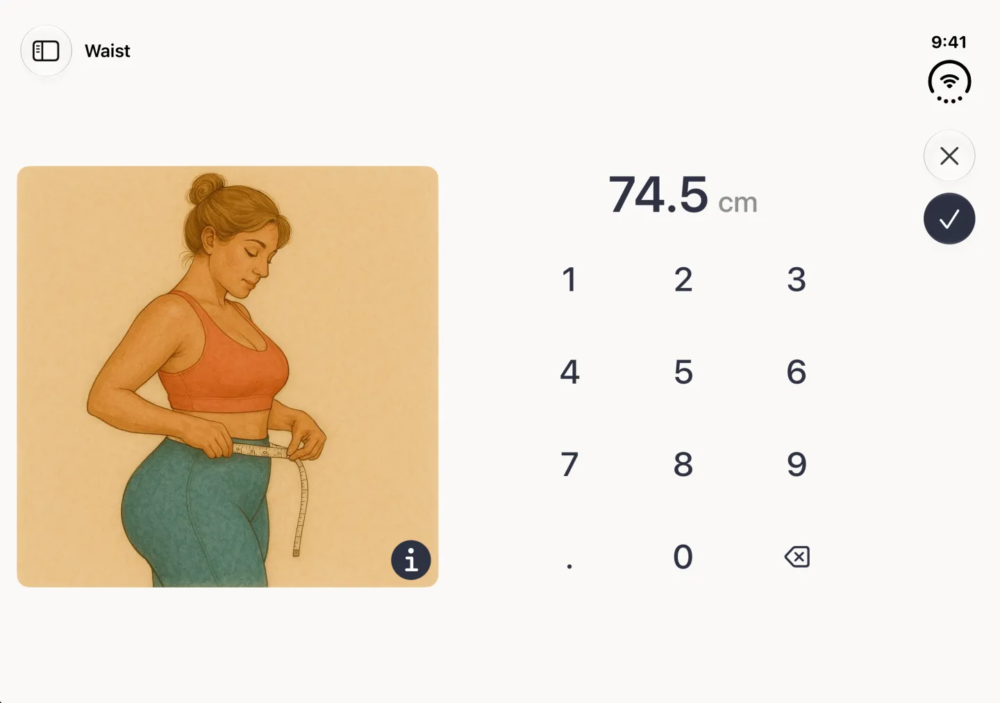 Waist entry on an open iPhone Duo: the tape guide photo beside the keypad, reading 74.5 cm.