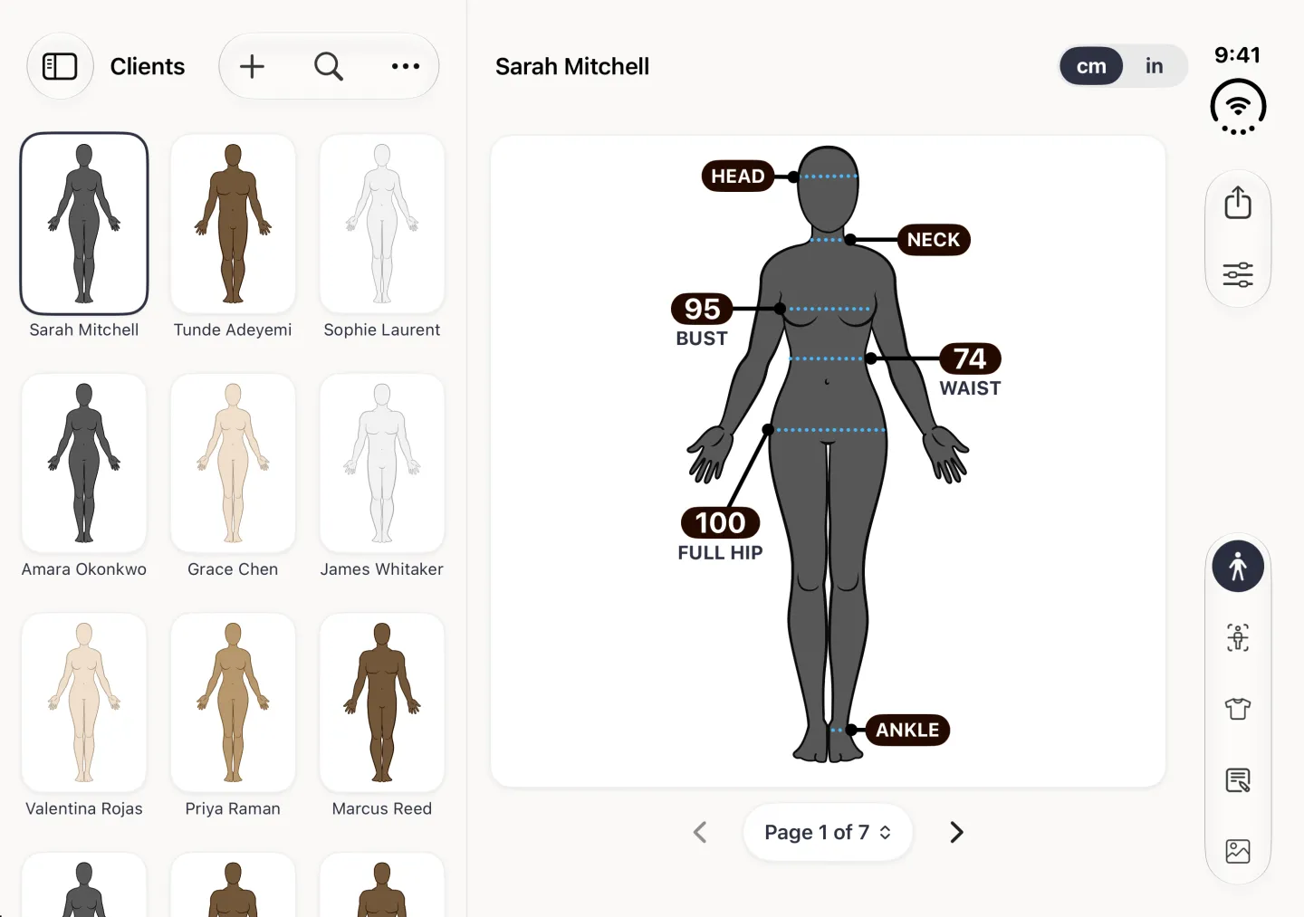 Dress Measurement open on an iPhone Duo in landscape: the Clients grid on the left and Sarah Mitchell's body figure on the right with her bust, waist and full hip labelled in centimetres.