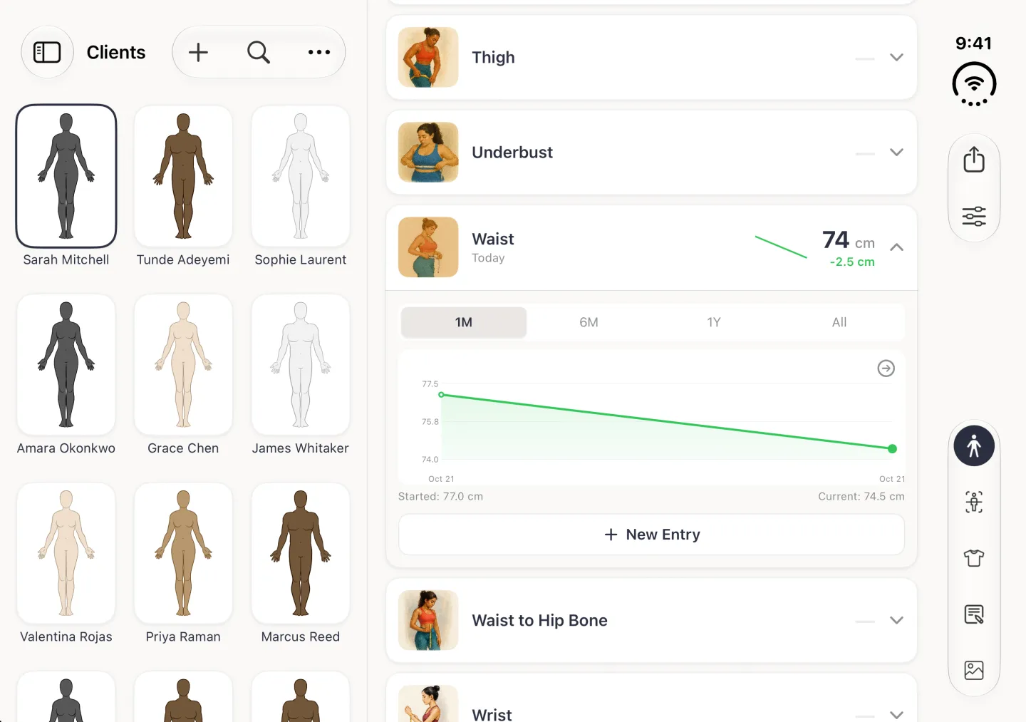 An expanded Waist card in List View on the right of the split view, showing the value 74 cm with a green minus 2.5 cm change, 1M, 6M, 1Y and All range buttons above a wide green line chart with a circled arrow at its top right, Started 77.0 cm on the left and Current 74.5 cm on the right, and a New Entry button underneath, between the Thigh, Underbust and Waist to Hip Bone rows.