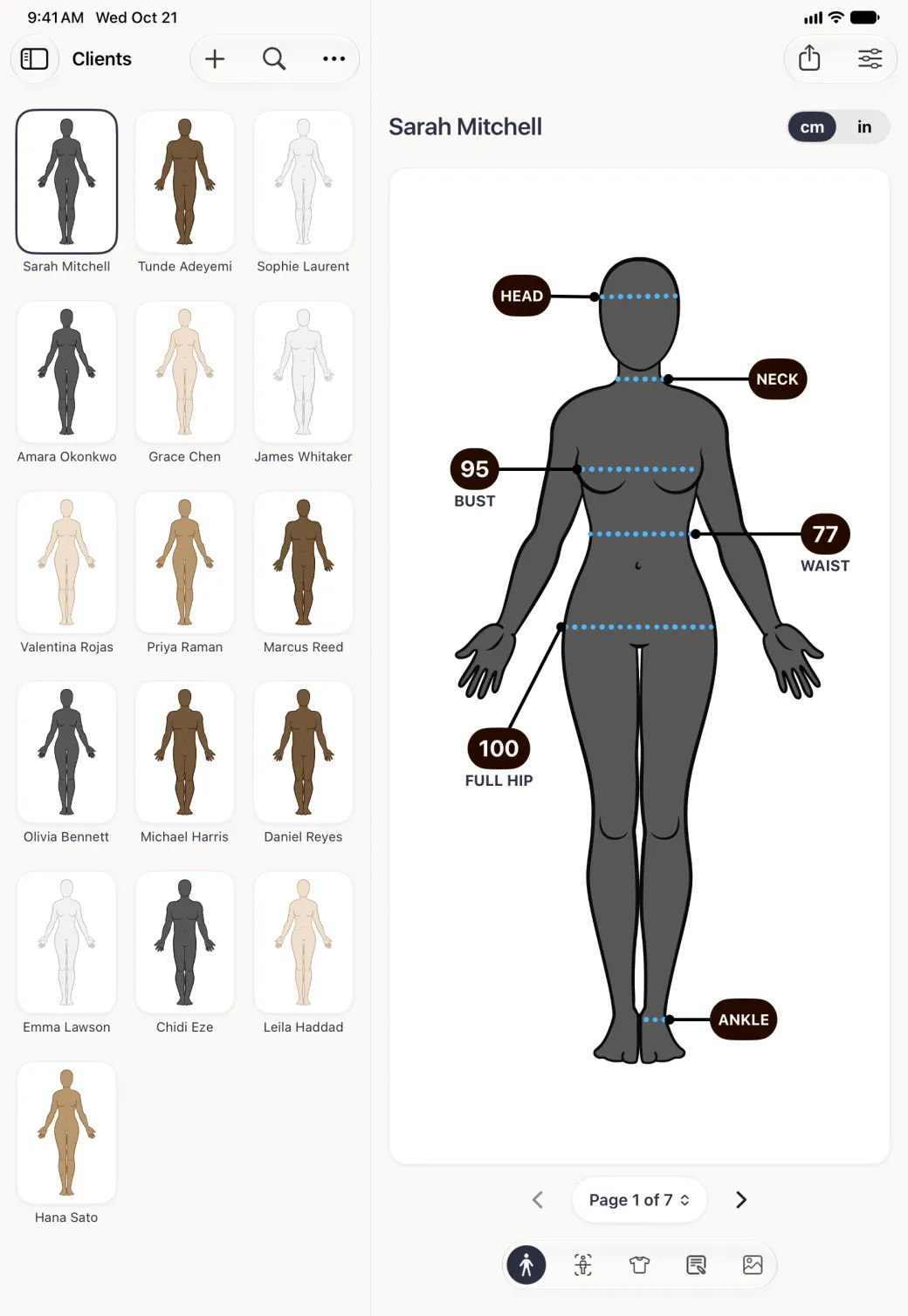 Split view in portrait: the Clients grid on the left with Sarah Mitchell first and outlined in navy, and her profile on the right with her name and a cm and in switch at the top, a front-facing female avatar with dark pill labels for Head, Neck and Ankle and value pills reading 95 for Bust, 77 for Waist and 100 for Full Hip, a Page 1 of 7 control under the avatar, and a capsule of five section buttons at the bottom with the body figure selected; Share and Profile Options sit at the top right.