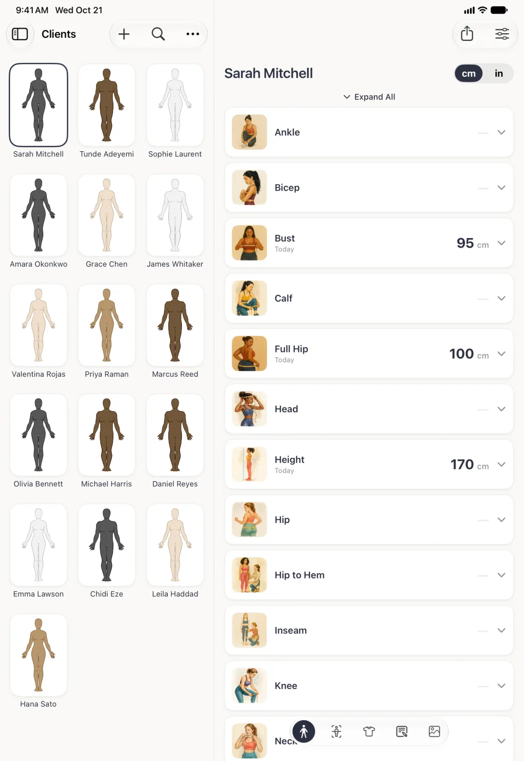 Sarah Mitchell's profile in List View beside the Clients grid in portrait: an Expand All link above a scrolling list of measurement cards, each with a small painted illustration and the measurement name; Bust 95 cm, Full Hip 100 cm and Height 170 cm show the date Today and their value, Ankle, Bicep, Calf, Head, Hip, Hip to Hem, Inseam and Knee a dash, each with a chevron, and the five section buttons float at the bottom.