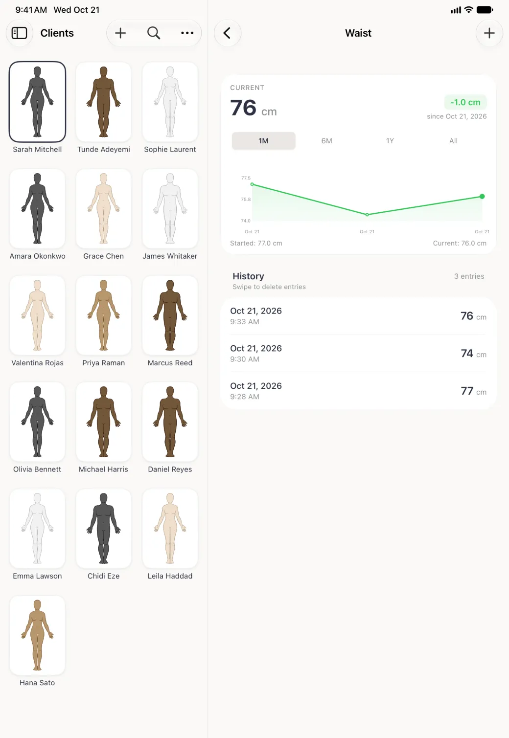 The Waist history page beside the Clients grid in portrait after a third entry: a Current card reading 76 cm with a green minus 1.0 cm badge, a three point line chart with Started 77.0 cm and Current 76.0 cm, and a History list of 3 entries reading 76, 74 and 77 cm.