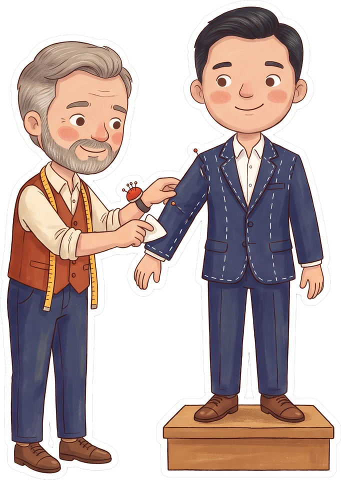 Walt the tailor fitting a client's suit jacket.